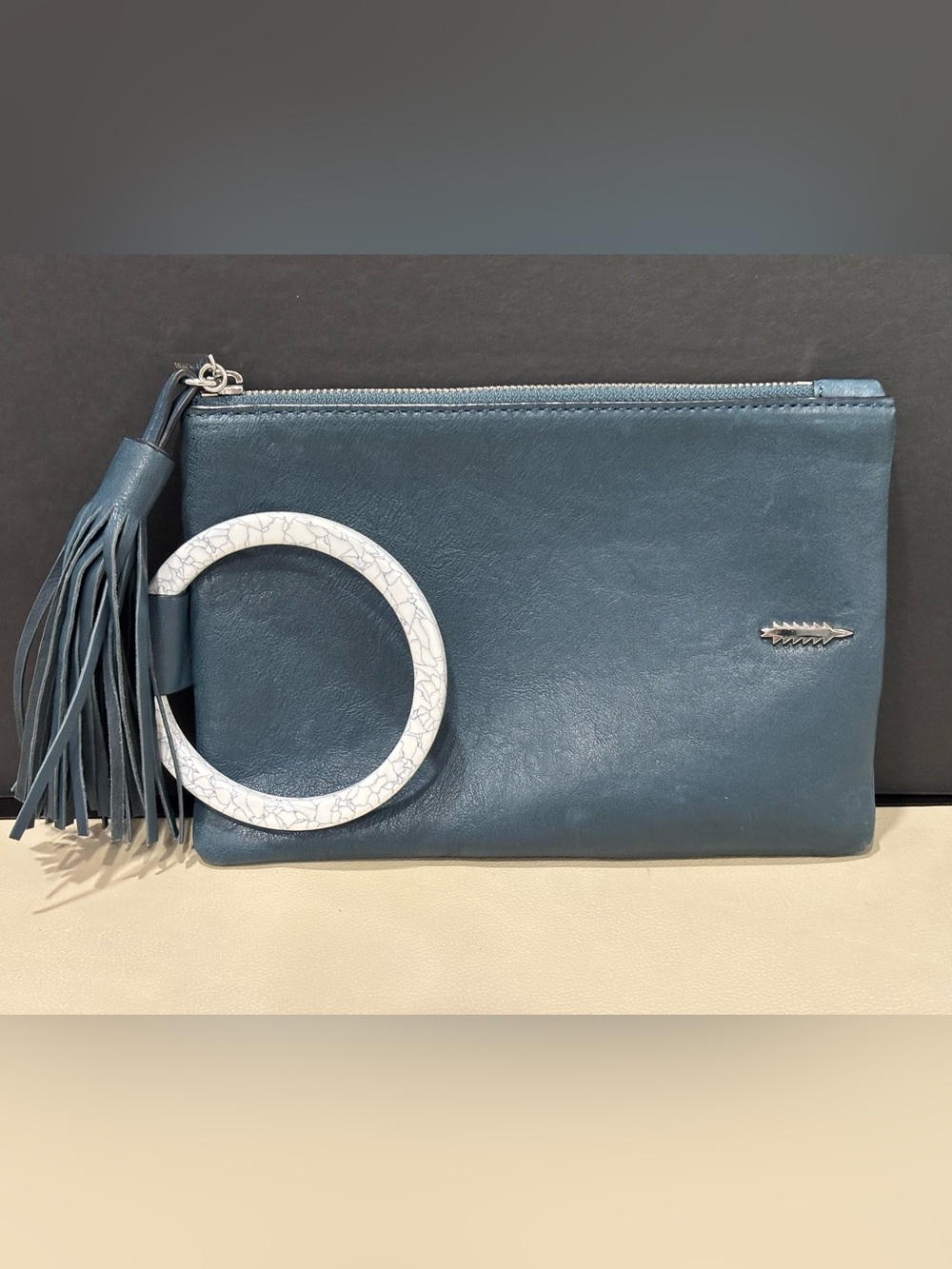 Thacker Teal Leather Wristlet Clutch with Tassel and Loop Handle